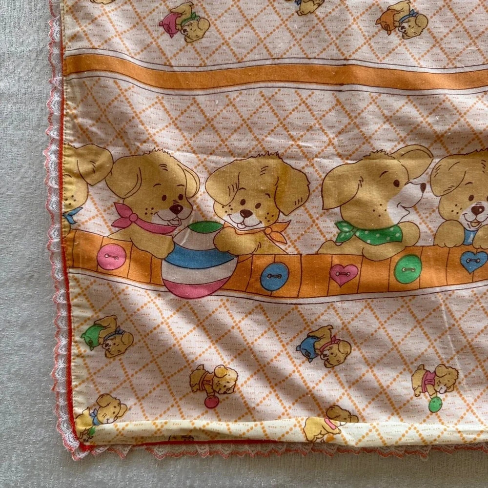 Vintage Puppy Dog Nursery Receiving Blanket Orange Lace Trim Retro 35x40